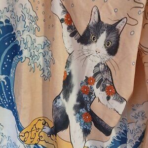 Airpears Women's Ukiyoe Cat Surfing Long Sleeve  V Neck Tunic SZ L